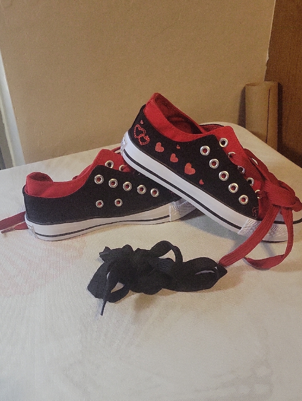 Collection B Black Canvas Sneakers with Red Accents and Hearts